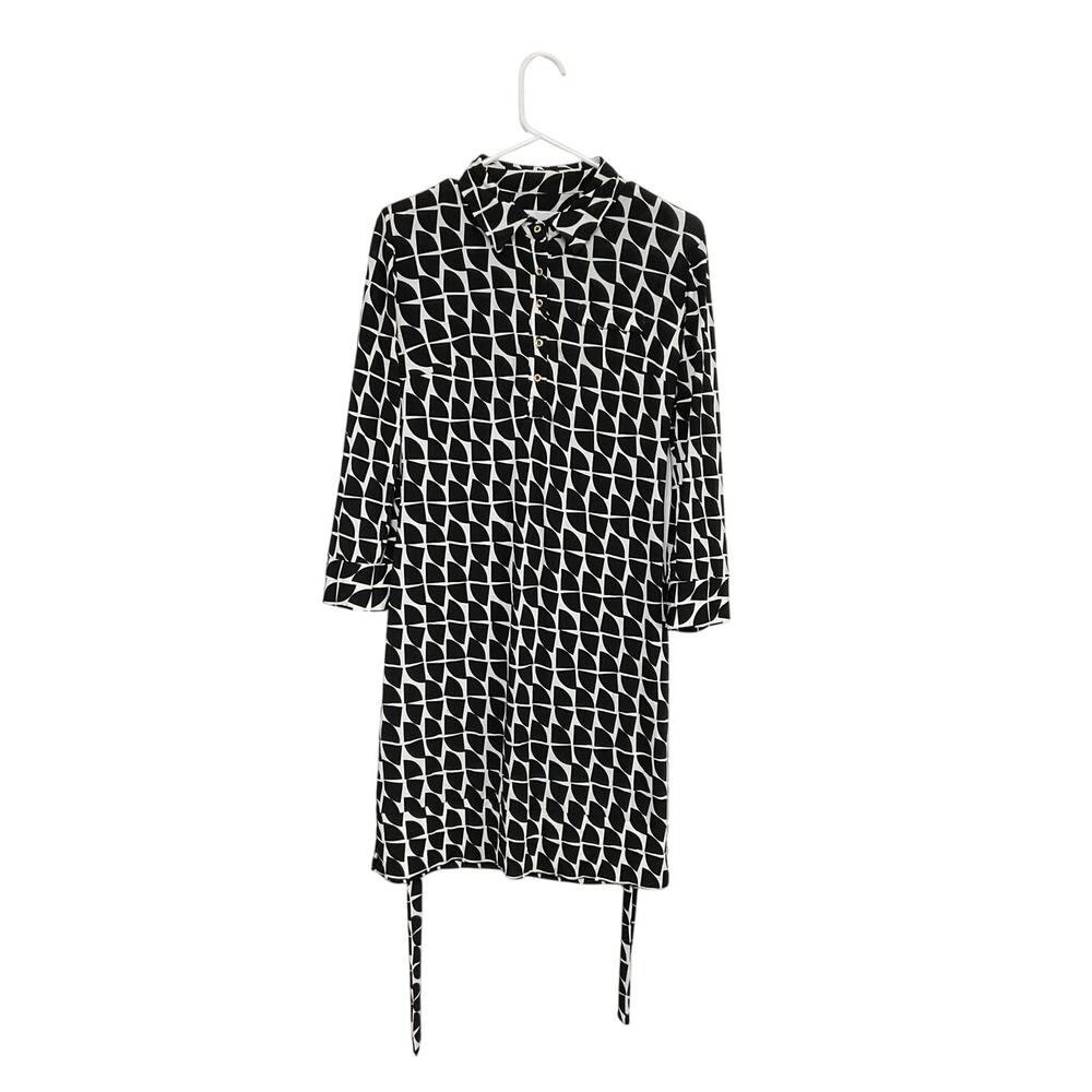 Donna Morgan Tie Waist Button Front Shirt Dress 3/4 Sleeve Sz 6 Small Geometric